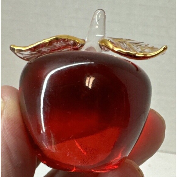 Mini Miniature Apple Fruit Hand Blown Red Art Glass Applied Gold Leaves - Picture 6 of 6